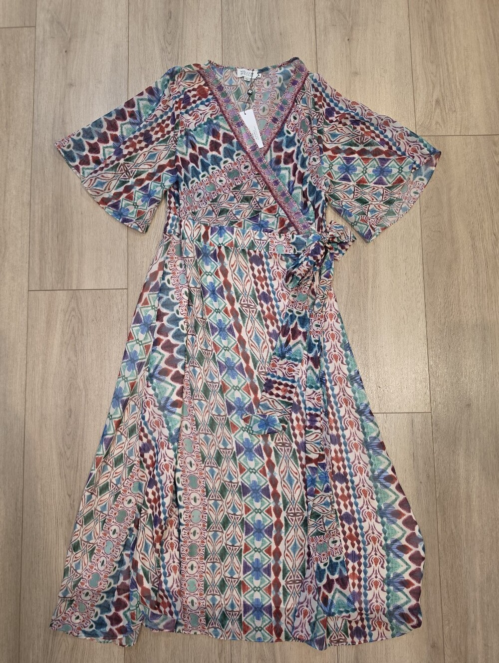 Molly Bracken NWT XL Printed Wrap Midi Dress Boho Bell Sleeve Multicolor